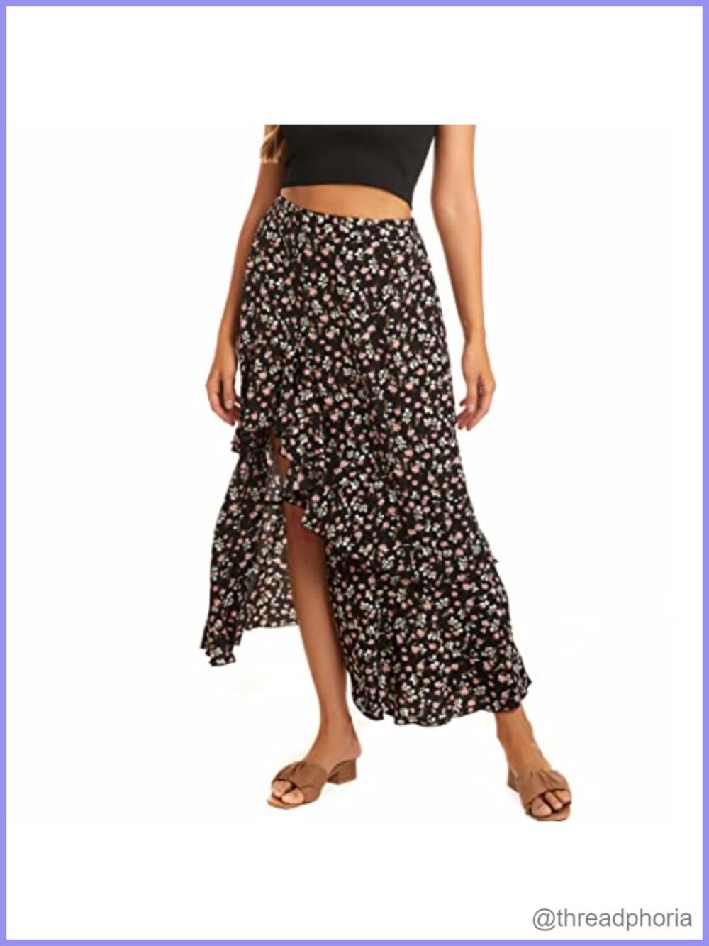 Boho Floral High Low Ruffle Hem Side Split Maxi Skirt